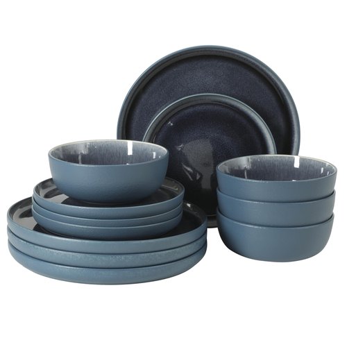 Gibson Elite Reactive Stoneware Dinnerware Set - Tahoe Sunset Matte Exterior & Shiny Interior Blue | 12-Piece – Plates and Bowls, Durable Everyday Dish Set, Microwave & Dishwasher Safe