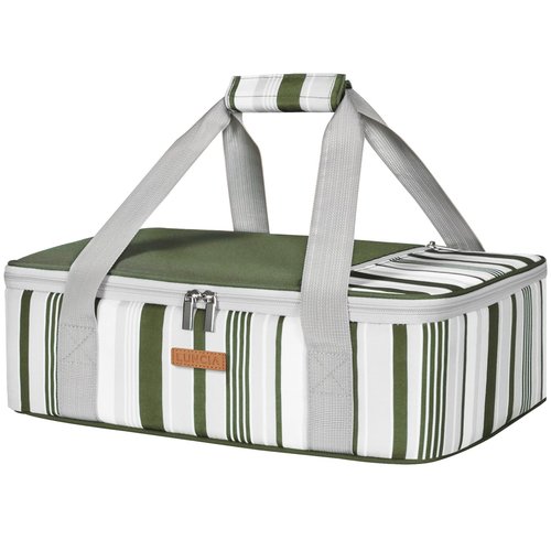 LUNCIA Insulated Single Decker Casserole Carrier, Lasagna Lugger Tote Keeps Food Hot or Cold, Thermal Lunch Bag for Potluck Parties, Picnic and Cookouts, Fits 9" x 13" Baking Dish, Dark Green