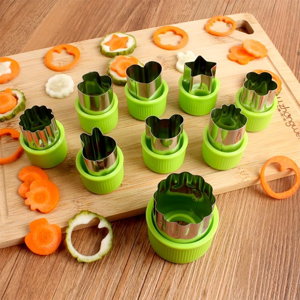 Skiennix Fruit And Vegetable Cutter Stamp Set - 9 Fun Shapes For Baking | Green Mini Pie Molds