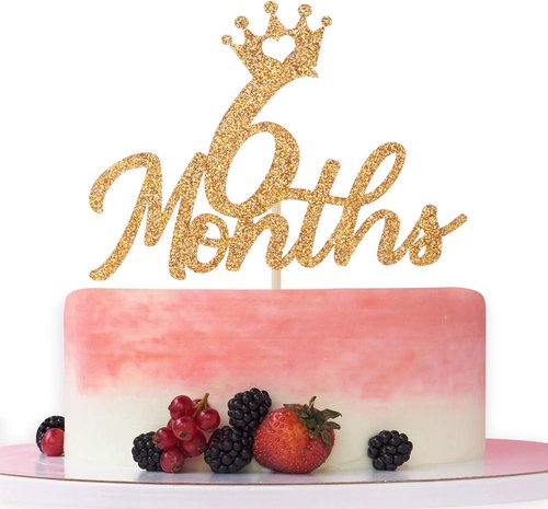 Gold Glittery Cake Topper by [Brand Name] - Perfect for Baby's 6-Month Birthday Celebration | Elegant Half-Year Decor