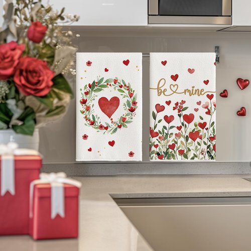 Artoid Mode Rose Floral Love Heart Garland Valentine's Kitchen Towels Dish Towels, 18x26 Inch Anniversary Wedding Decoration Cleaning Set of 4
