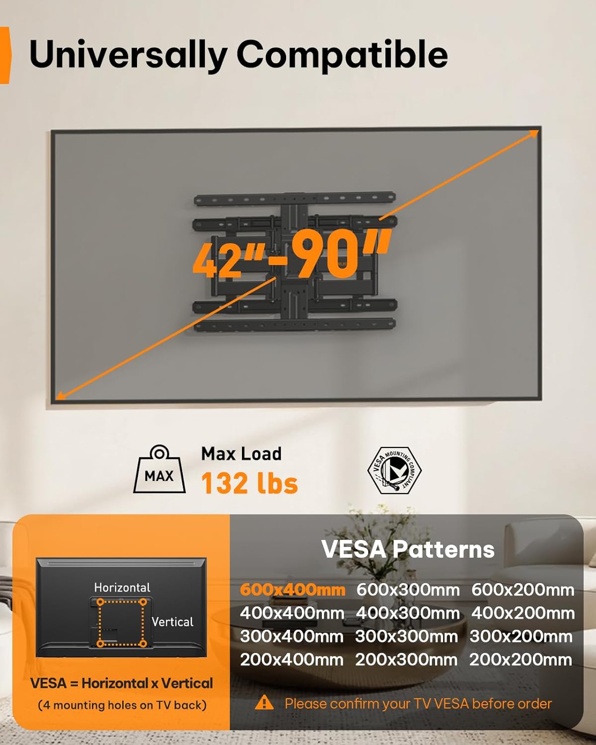 Perlegear Ultra Slim TV Wall Mount - Full Motion Design for 42-90" TVs | Fits 16"/24" Studs, Max VESA 600x400mm, Holds 132lbs