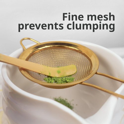 BlendWell Fine Mesh Sifter with Handle, Gold Stainless Steel Strainer for Matcha, Flour, Tea, and Juices