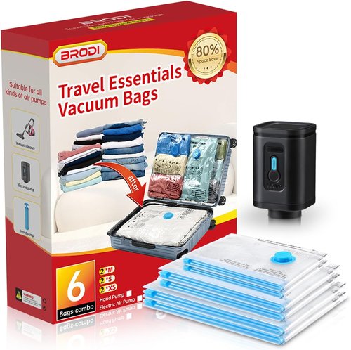 BRODI Travel Vacuum Bags Combo Pack - 6 Space-Saving Seal Bags with Pump for Clothing & Luggage