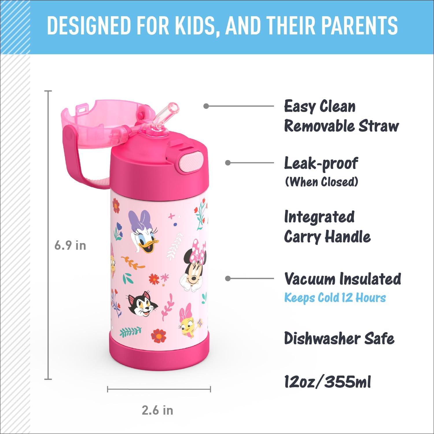 THERMOS FUNTAINER Water Bottle - 12 Ounce Kids Stainless Steel Vacuum Insulated with Straw | Minnie Design