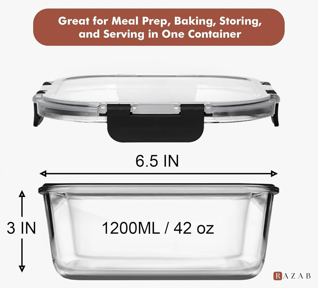 Razab Glass Food Storage Containers - 1200ML Airtight & Leakproof | Microwave, Oven, Freezer Safe, BPA Free
