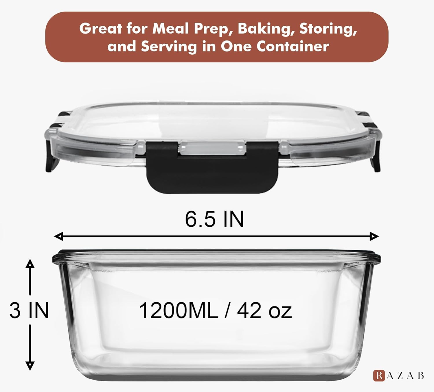 Razab Glass Food Storage Containers - 1200ML Airtight & Leakproof | Microwave, Oven, Freezer Safe, BPA Free