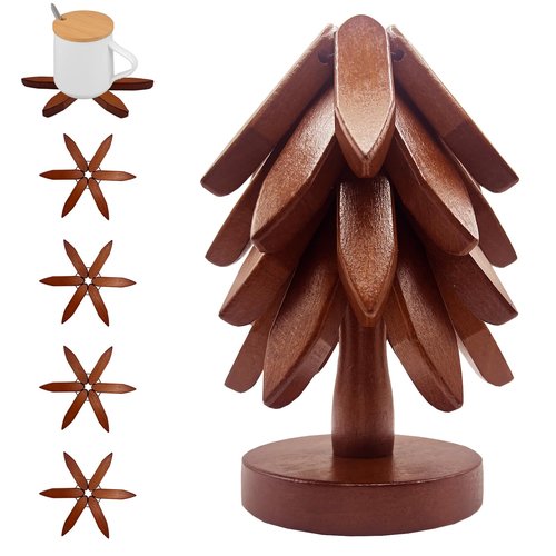 Wooden Trivets for Hot Dishes, Tree Shape Trivet Set, 4 Wooden Trivets + 1 Stand, Stackable Christmas Tree Design, Natural Foldable Kitchen Wooden Trivet, for Pans, Pot, Bowl, Teapot, Hot Pot Holder