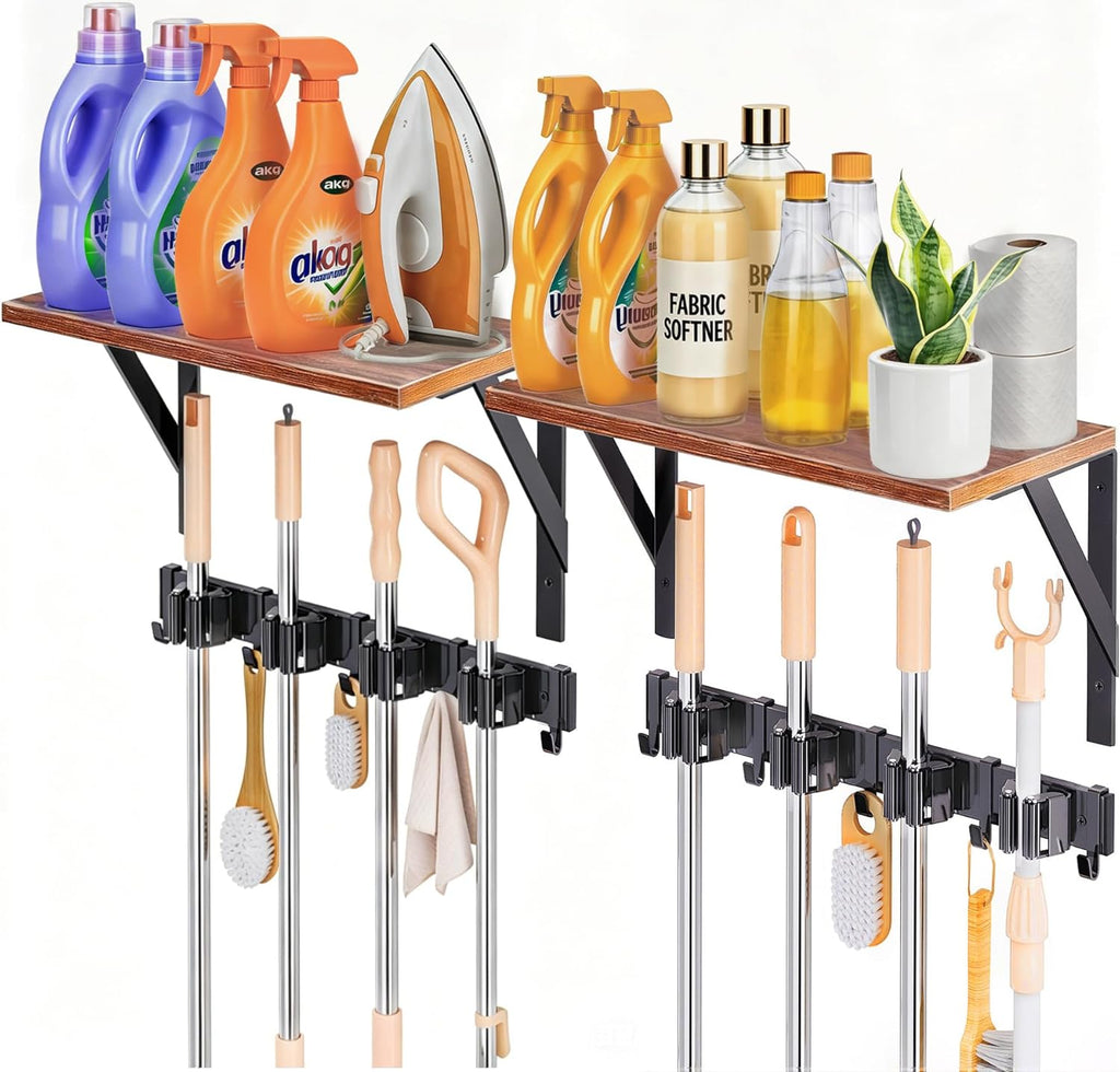 Skiennix Broom Holder Wall Mount - Space-Saving Organizer with 8 Slots & 10 Hooks | Ideal for Laundry Room, Garage, Garden