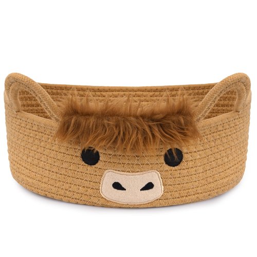 Hkojewp Oval Highland Cute Cow Basket for Nursery, Small Woven Gift Basket, Rope Cotton Storage for Gifts Empty, Baby Shower Blanket 0rganizer with Handles,Towel Decorative Bins, 12"D x 5"H in