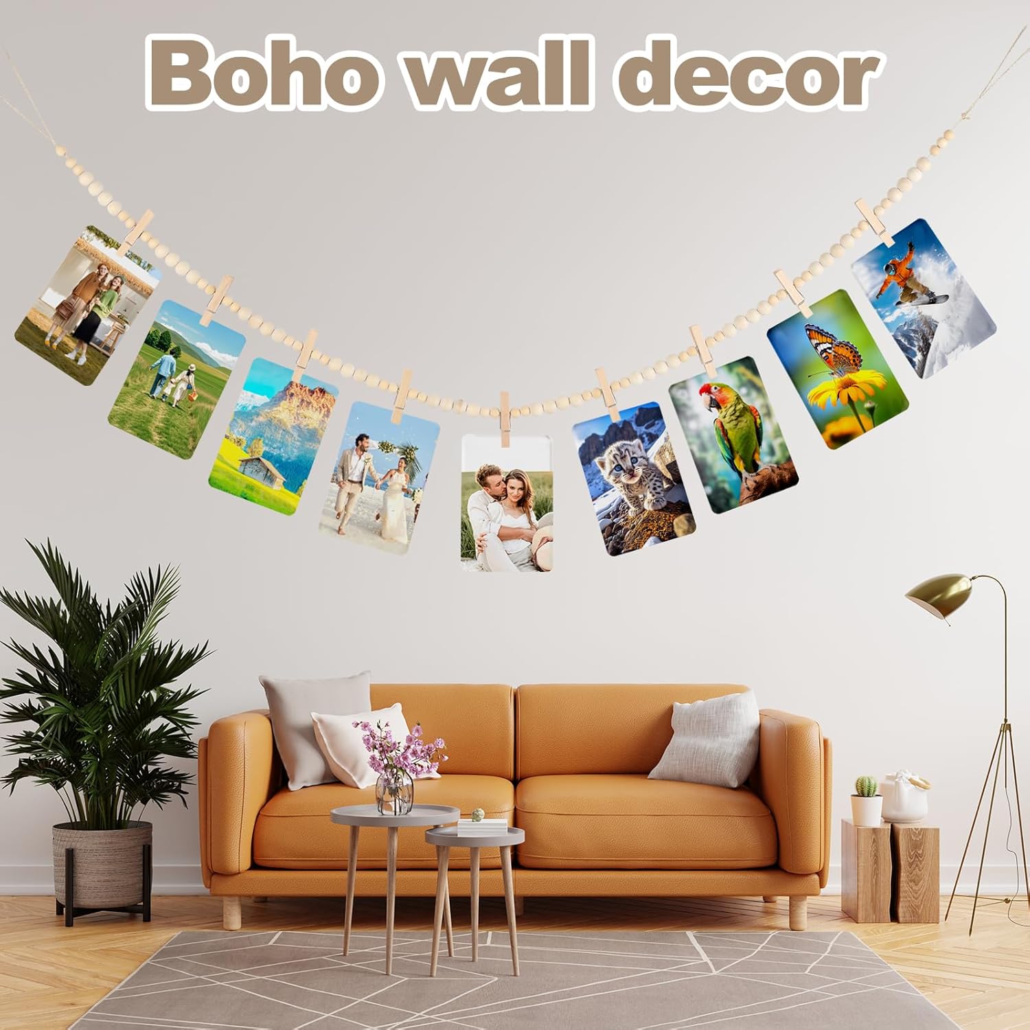 Skiennix 2 Pack Hanging Photo Display - Boho Wooden Bead Garland Wall Decor with 9 Clips for Home & Office