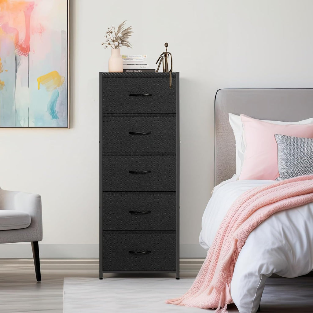 MOOACE 5-Drawer Dresser - Tall Fabric Storage Unit with Wooden Top - Black Metal Frame for Bedroom & Living Room