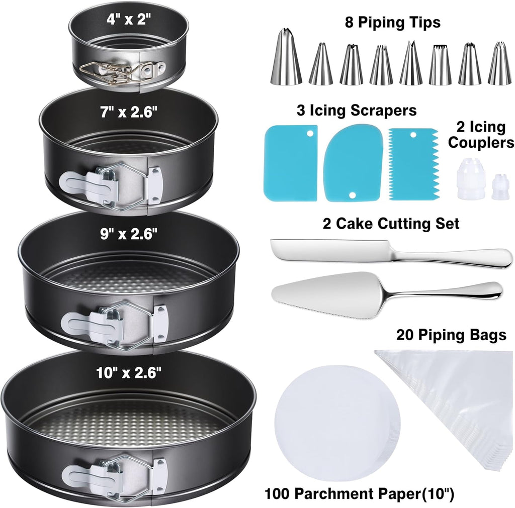 Skiennix 139PCS Springform Cake Pan Set - Non-Stick Cheesecake Pans (4/7/9/10-Inch) + Decorating Supplies