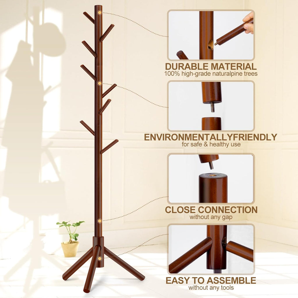 Skiennix Solid Wooden Coat Rack - Freestanding New Zealand Pine Coat Tree with 8 Hooks | Adjustable Sizes for Entryway, Office, or Bedroom (Brown)
