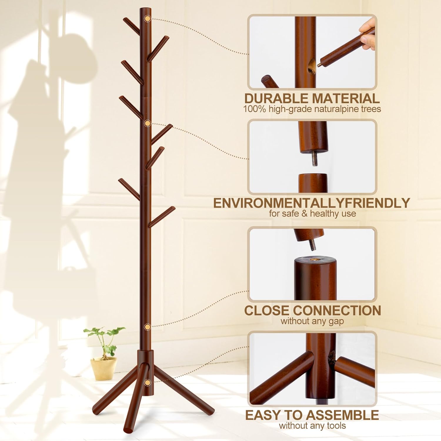 Skiennix Solid Wooden Coat Rack - Freestanding New Zealand Pine Coat Tree with 8 Hooks | Adjustable Sizes for Entryway, Office, or Bedroom (Brown)
