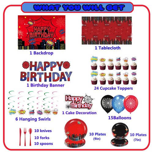 Spider Theme Birthday Party Supplies, Spider Party Decorations Including Birthday Banner, Backdrop, Hanging Swirls, Tablecloth, Balloons, Cake Toppers, Plates, Forks, Knives, Spoons for Spider Party