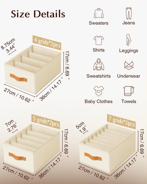 Homsorout Clothes Organizers and Storage - 4/5/7 Grids Fabric Jeans Organizer with Handles, Foldable Closet Organizers Dividers, Wardrobe organizer for Pant, Sweater, T-shirt, Scarf, 6 Pack, Beige