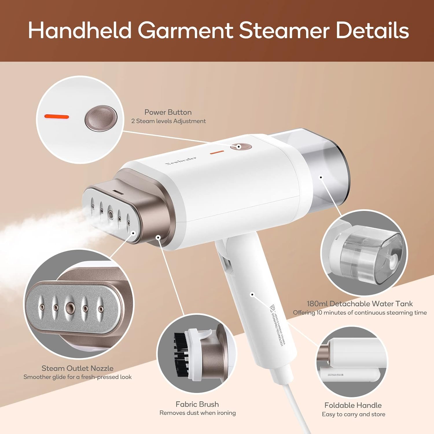 Newbealer Handheld Clothes Steamer - 1200W Portable Fabric Wrinkle Remover, 180ml Capacity, Lightweight Design