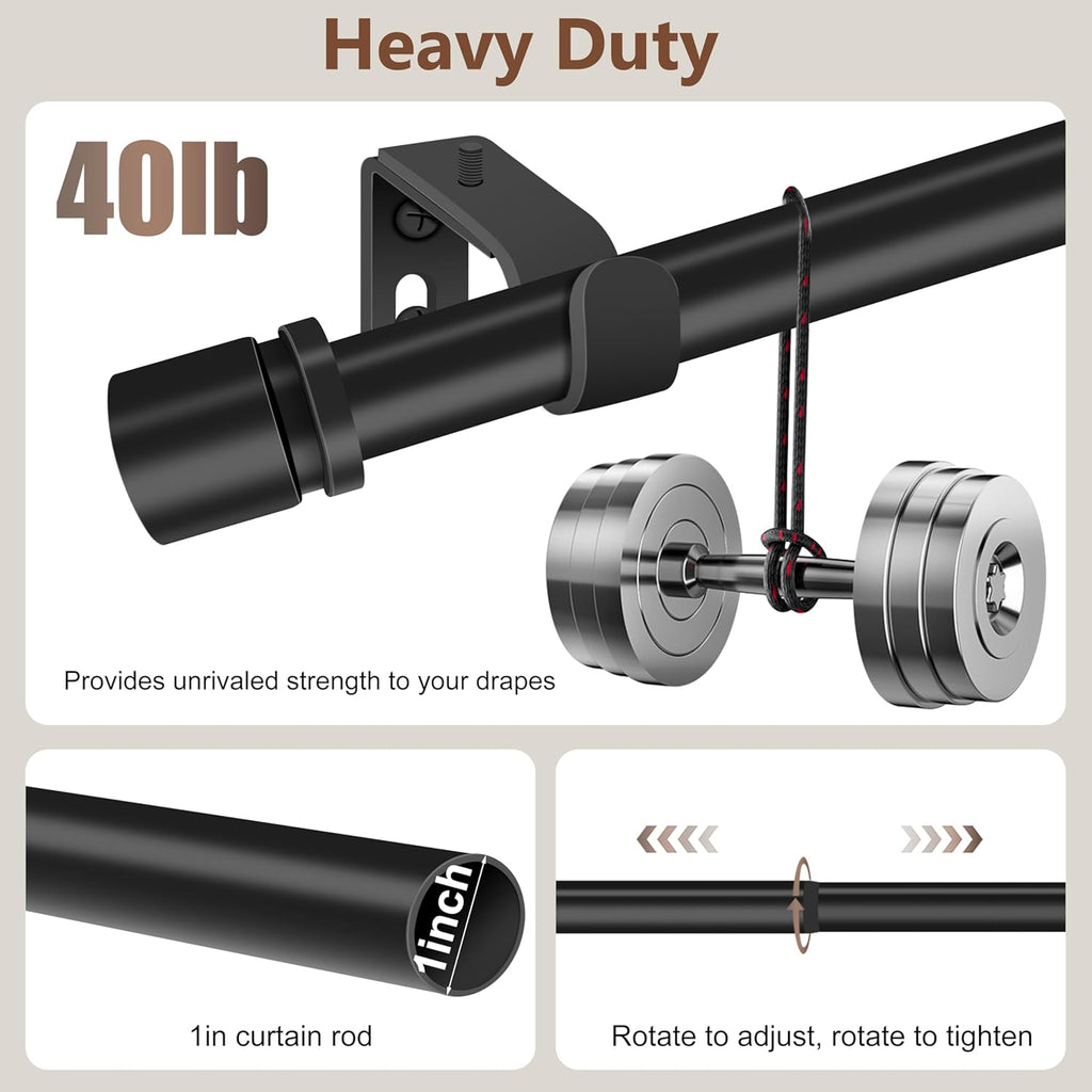 XDW-GIFTS Black Heavy Duty Curtain Rod - Adjustable 32 to 46 Inch, 1 Inch Diameter for Modern Decor