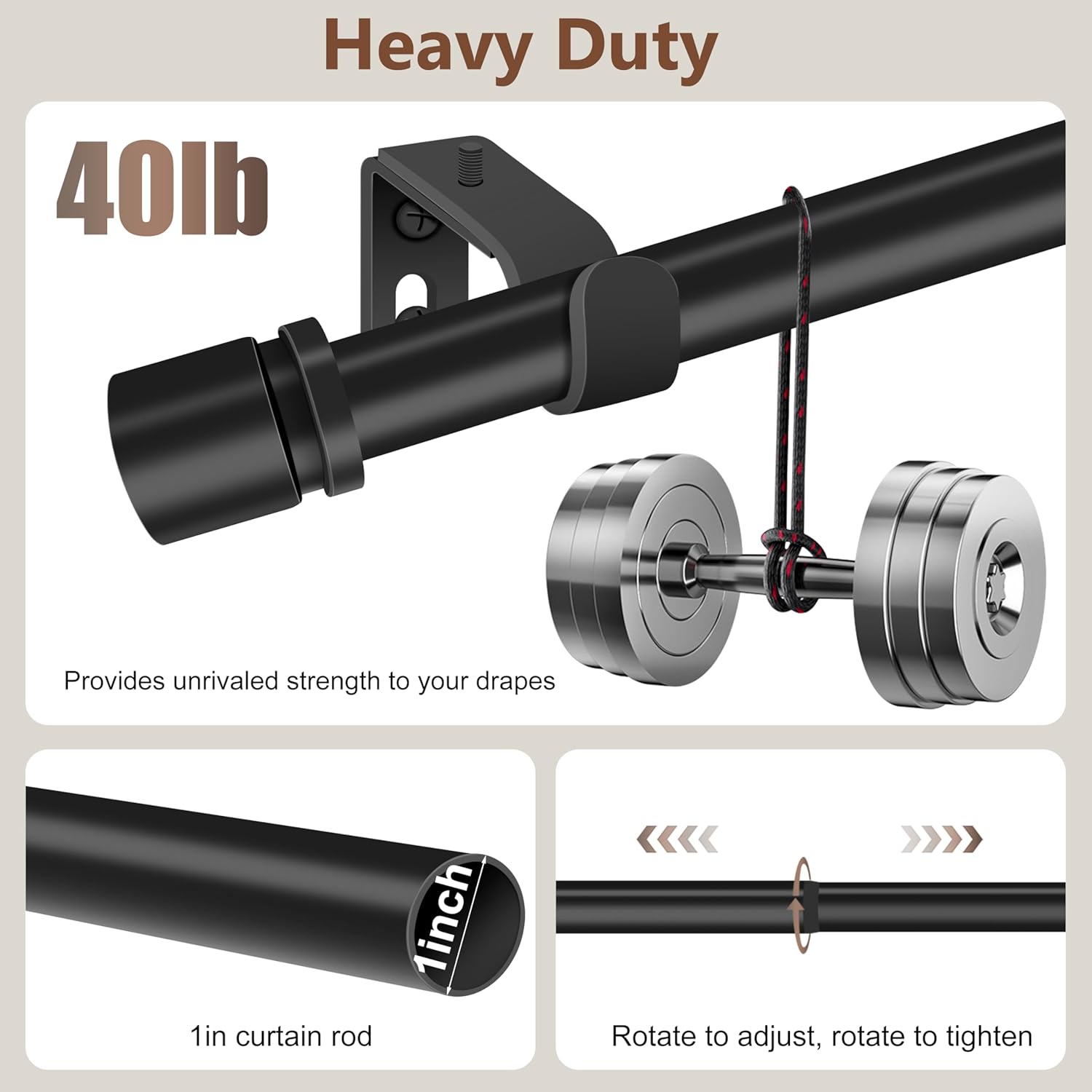 XDW-GIFTS Black Heavy Duty Curtain Rod - Adjustable 32 to 46 Inch, 1 Inch Diameter for Modern Decor