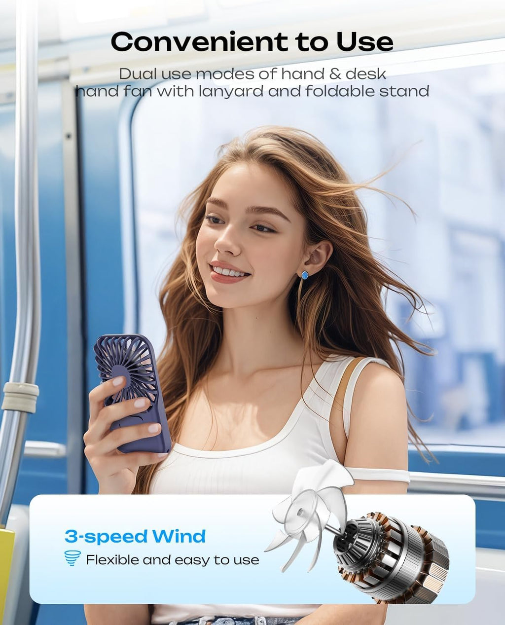 Otlonpe Mini Portable Handheld Fan - Rechargeable, 3-Speed, Foldable Stand, Slim Design | Blue