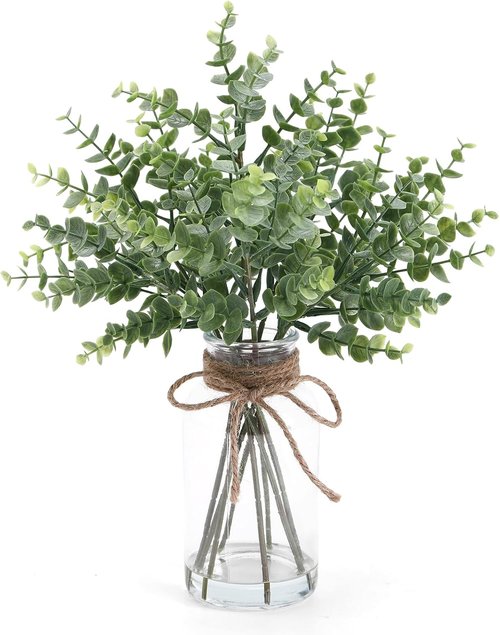 Coforset Eucalyptus Stems - Realistic Fake Plants in Glass Vase with Faux Water | 14" Sage Green Decor for Home & Office