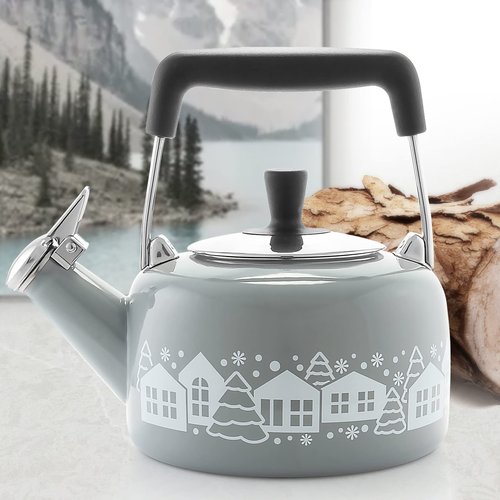Chantal SVEN "Mountain Village" Enamel-on-Steel Whistling Teakettle, 1.4 quart, Fog Grey with White Decal