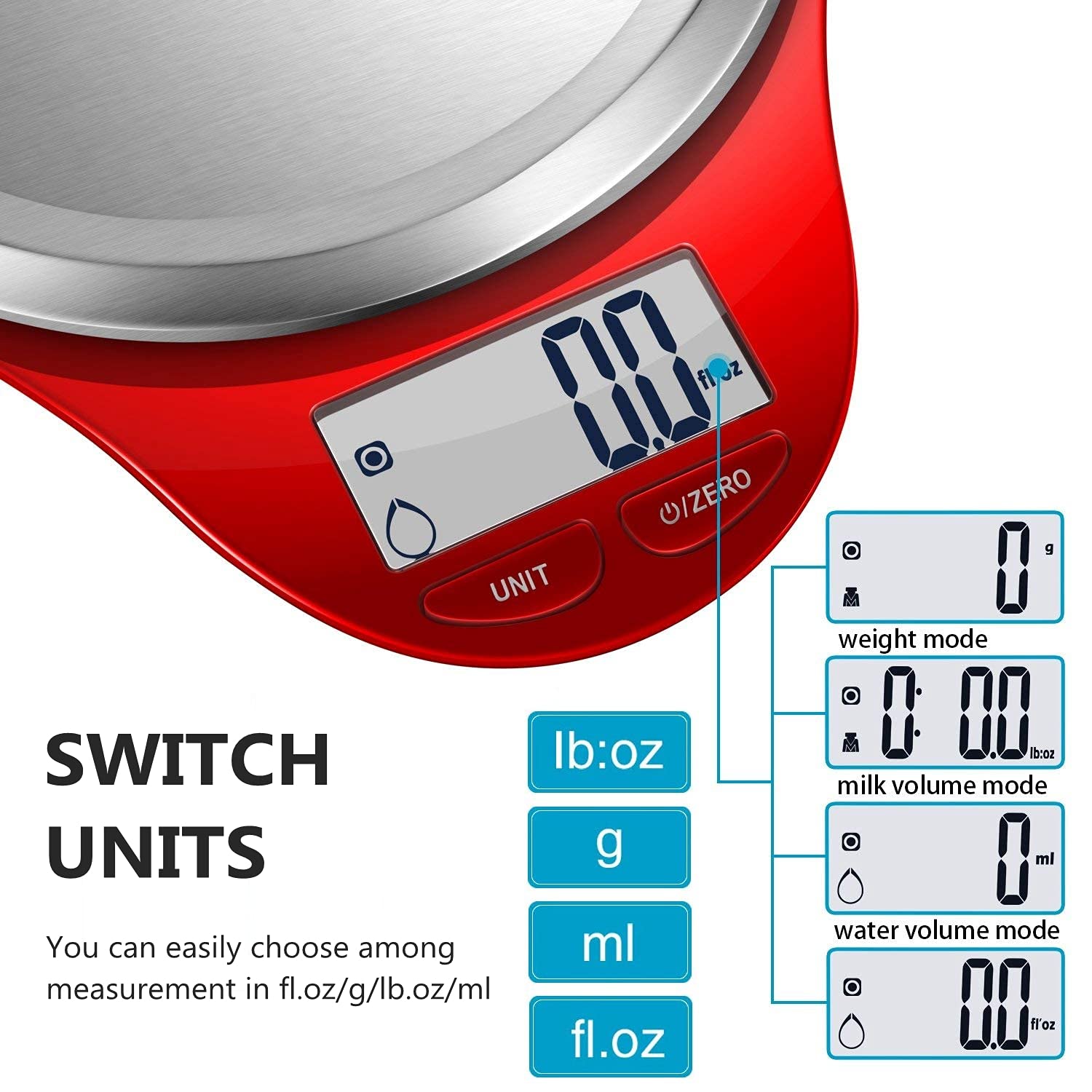 NUTRI FIT Digital Kitchen Scale - Large Stainless Steel Platform for Accurate Baking & Cooking | 1g Increment, Red