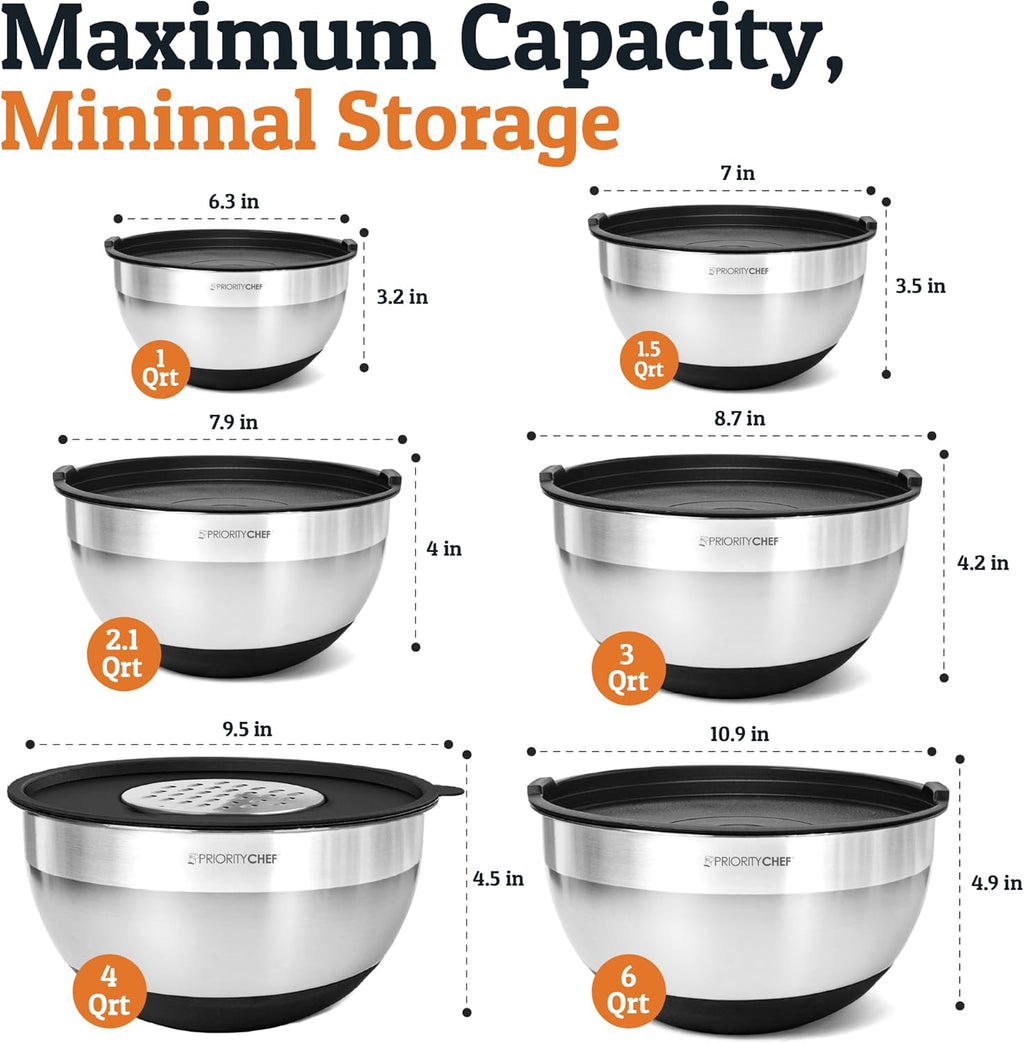 Priority Chef Stainless Steel Mixing Bowls Set - 30-Piece Kitchen Set with Airtight Lids & Non-Slip Bases