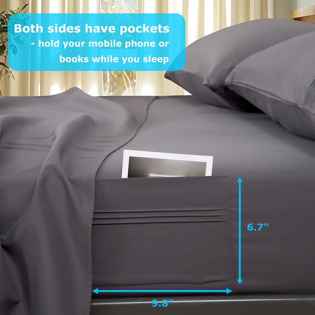 Popfavor Deep Pocket King Fitted Sheet - Fits Mattresses Up to 21" Thick - 4 Piece Bed Sheets - Moisture Wicking, Cooling & Soft Fitted Sheet & Pillow Cases (Grey)