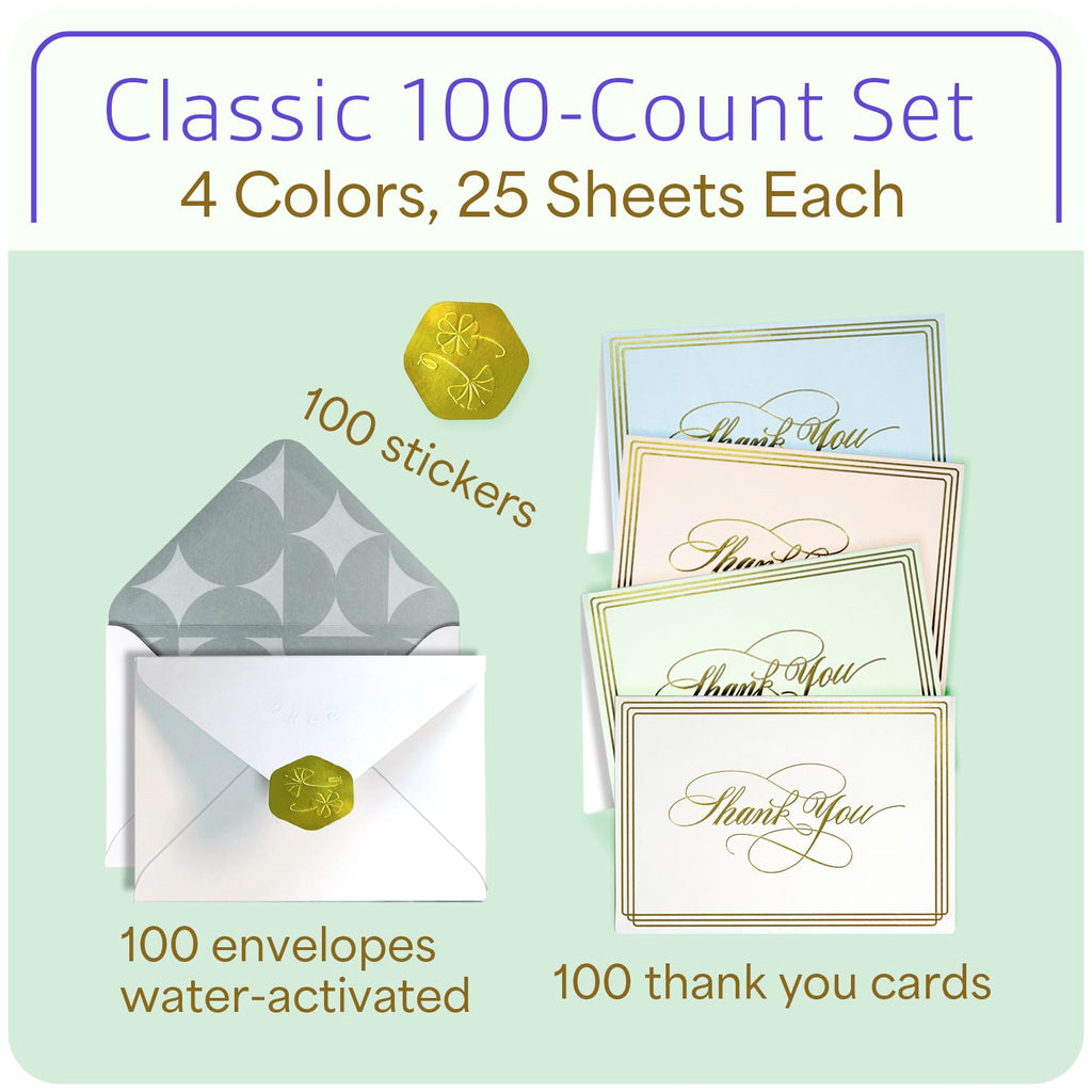 ukee's Thank You Cards with Envelopes 100-Pack, Blank Inside 4-Color Embossed Gold Foil Script Thank You Notes with Matching Stickers, for Small Business Graduation Wedding Baby Shower Funeral, 3.5"x 5"