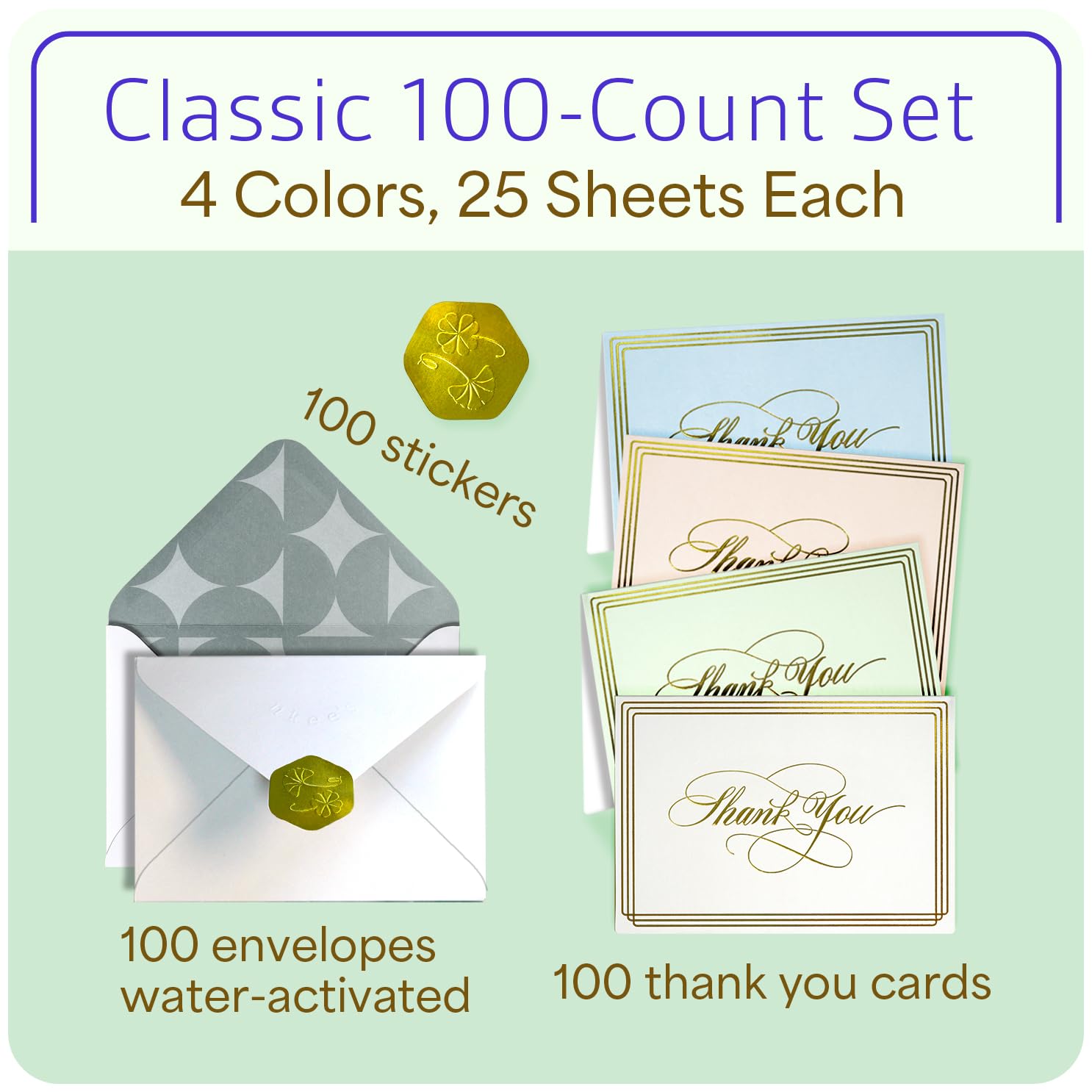 ukee's Thank You Cards with Envelopes 100-Pack, Blank Inside 4-Color Embossed Gold Foil Script Thank You Notes with Matching Stickers, for Small Business Graduation Wedding Baby Shower Funeral, 3.5"x 5"