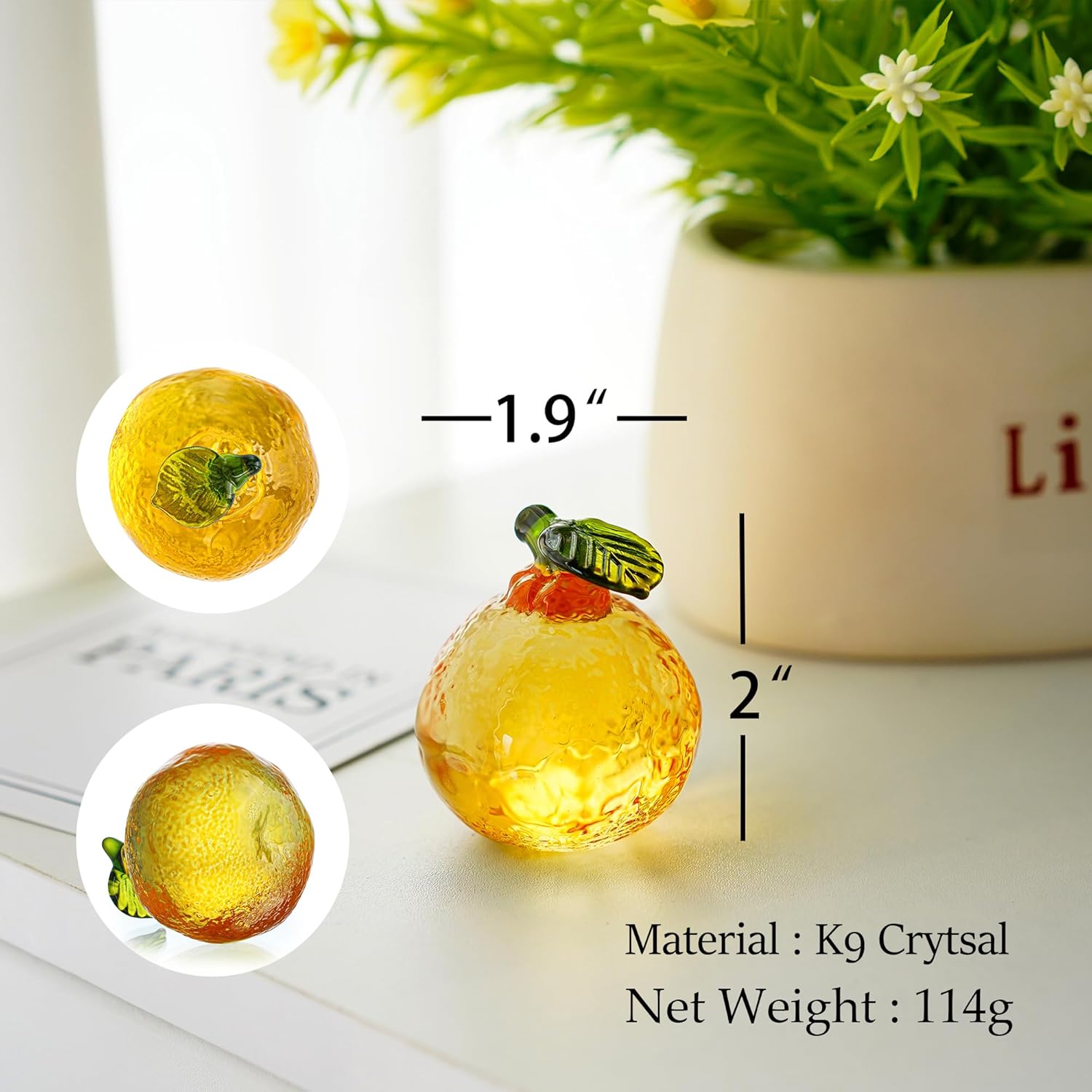 Skiennix 2-Inch Glass Orange Figurine | Hand Blown Crystal Tangerine Art Ornament for Home Decor