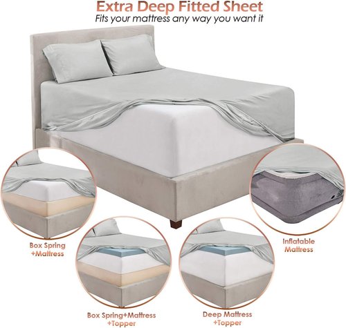 Hearth & Harbor Twin Extra Deep Pocket Sheet Set - Fits Mattresses 18-24 Inches Deep - Silver 4-Piece