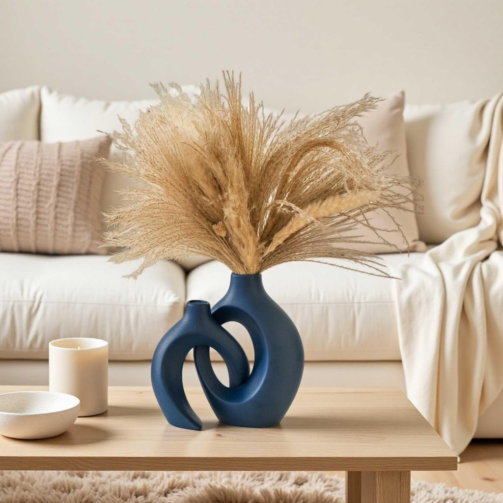 Lvases Snuggle Hollow Ceramic Vase Set of 2, Nordic Modern Boho ins Style Ceramic Aesthetic Flower Vases for Home Decor Living Room Coffee Table Decorative (Matte Navy Blue W 6.3" X H 8.4")