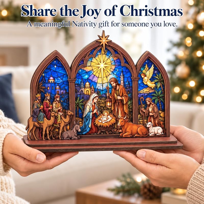 Tabletop Nativity Scene Set – Wooden Christmas Nativity Decor, 7.5 in Wide
