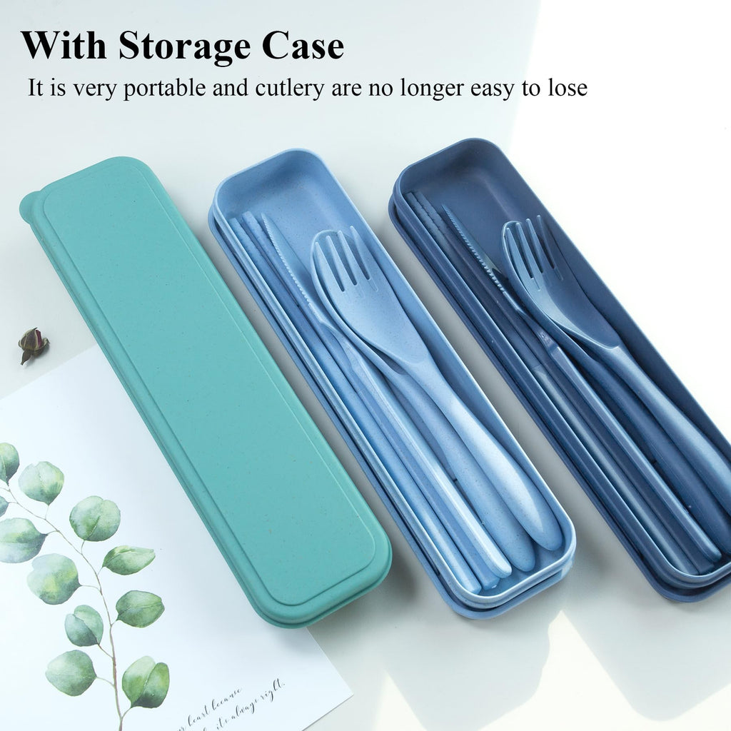 DISSKNIC Reusable Travel Utensils with Case, Green Utensil Sets for Lunch Box, Chopsticks Reusable Plastic Utensils Lunch Box Accessories for Adults,Portable Utensils Set with Case,Camping Accessories