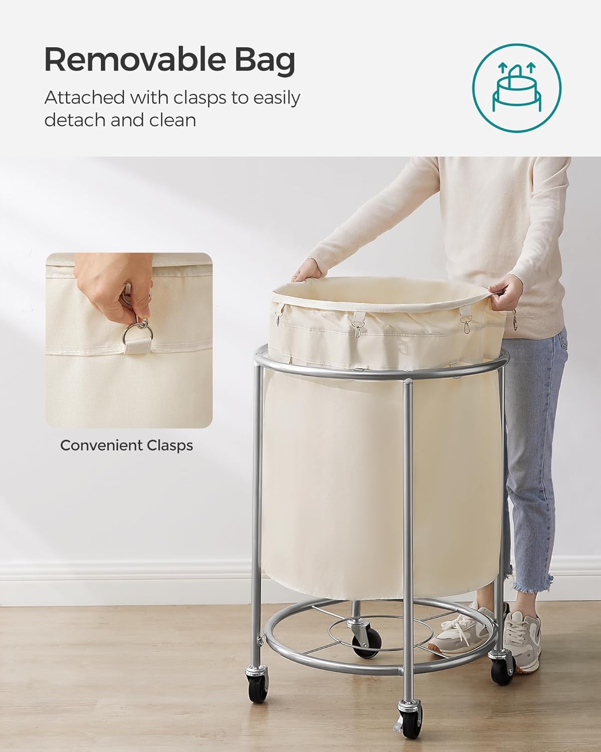 SONGMICS Rolling Laundry Basket - 50.2-Gallon Heavy-Duty Hamper Cart with Steel Frame & Locking Wheels - Cream White & Metallic Silver