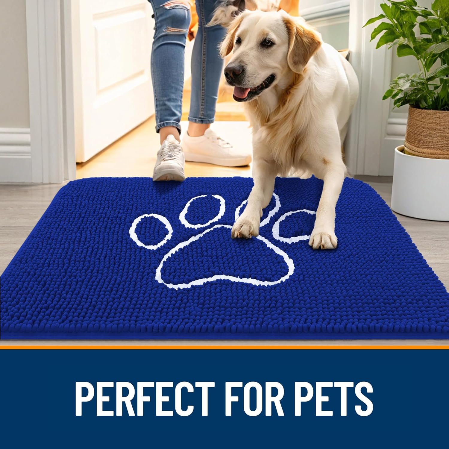 OLANLY Dog Door Mat - Absorbent Muddy Paws Doormat | Non-Slip Chenille 30x20 Royal Blue