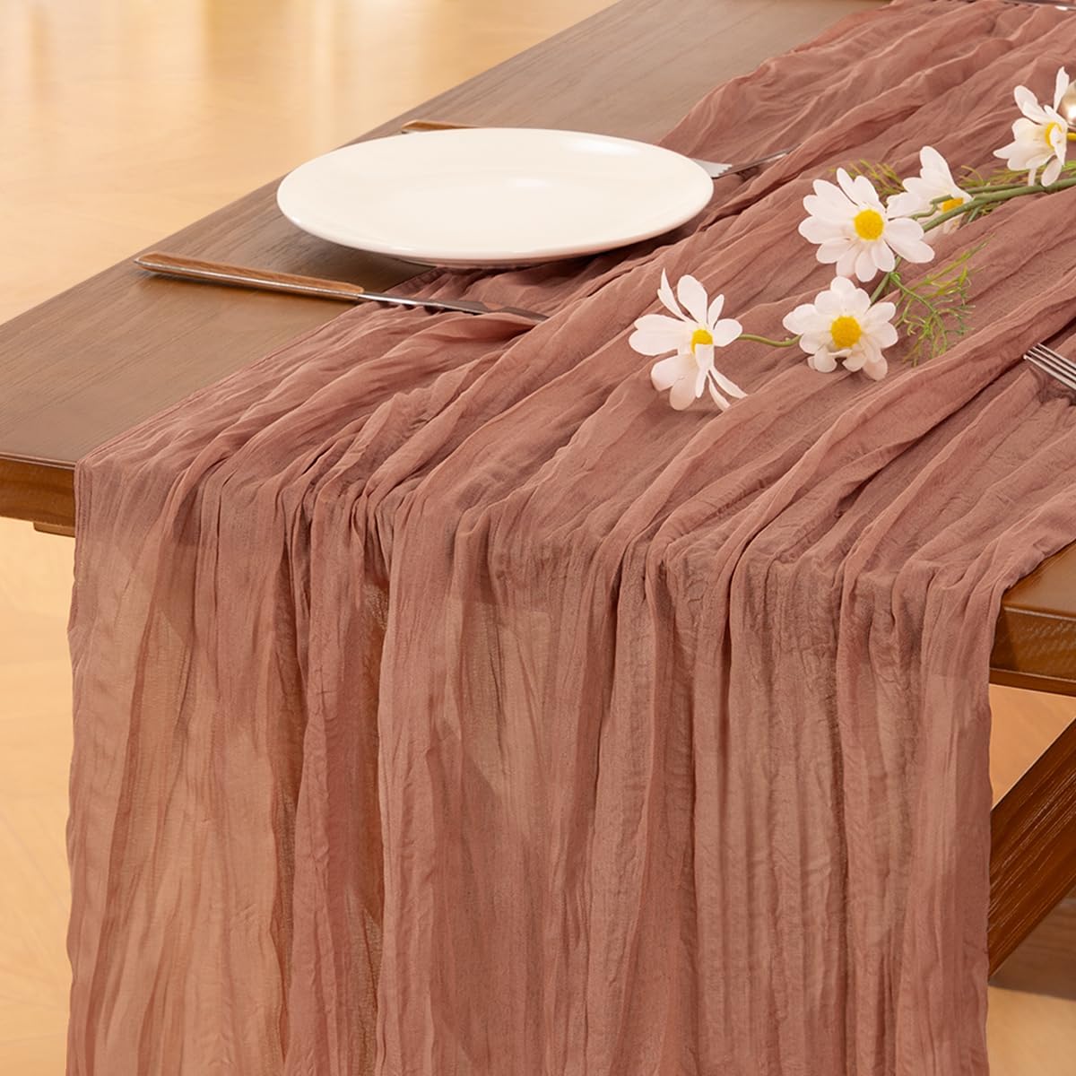Socomi Cheesecloth Table Runner - 120 Inch Dusty Rose Boho Rustic Decor for Weddings & Events
