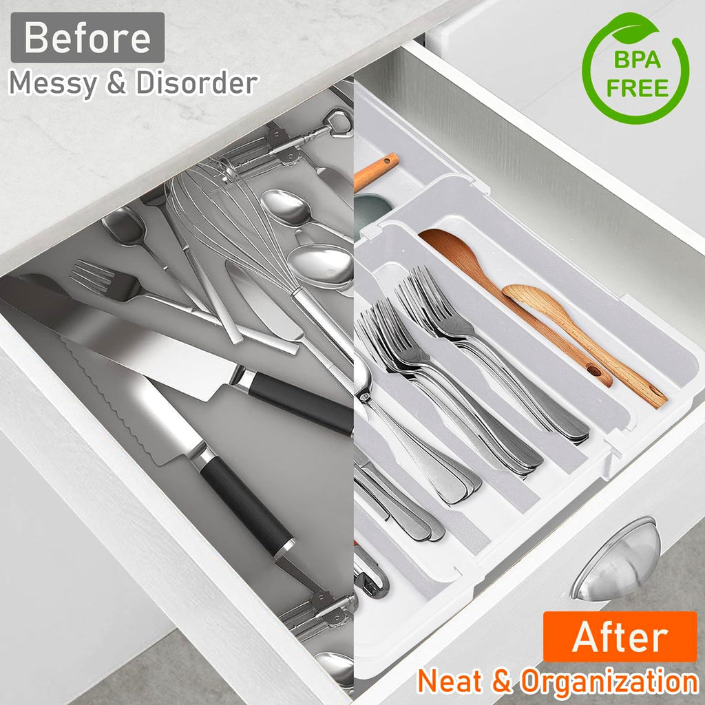 Spaclear Silverware Organizer - Expandable BPA-Free Utensil Drawer Tray with 7 Compartments | White