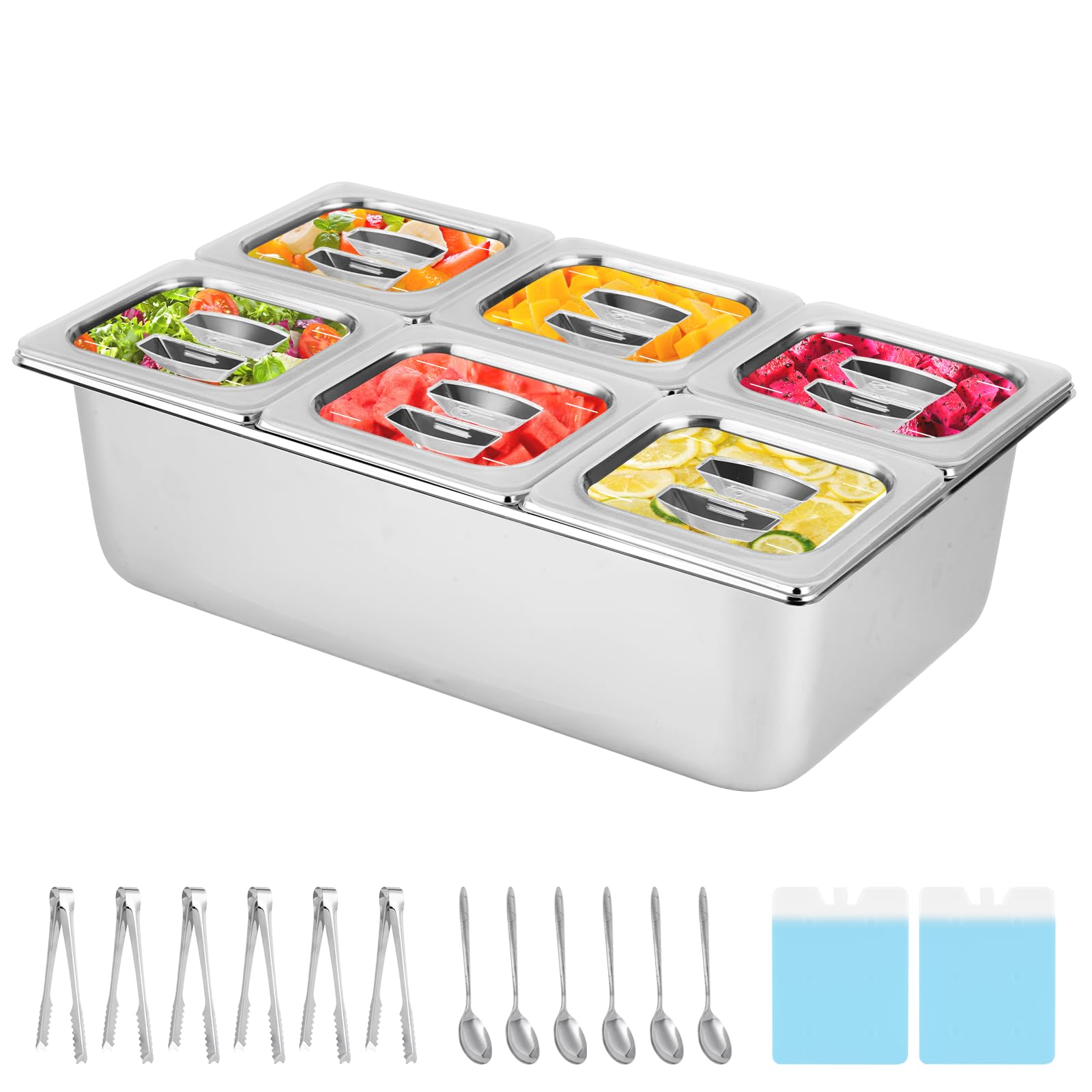 YMJOINMX Cold Ice Food Serving Display tray 6 Pan ×2QT with Ice Packs Clear Lids for Salad Pizza Sauce Cooled Condiment Container Buffet Server Cooler for Party Home