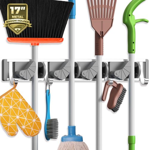 Holikme Wall Mount Mop Broom Holder - Metal Kitchen & Garden Tool Organizer | 4 Positions, Silver