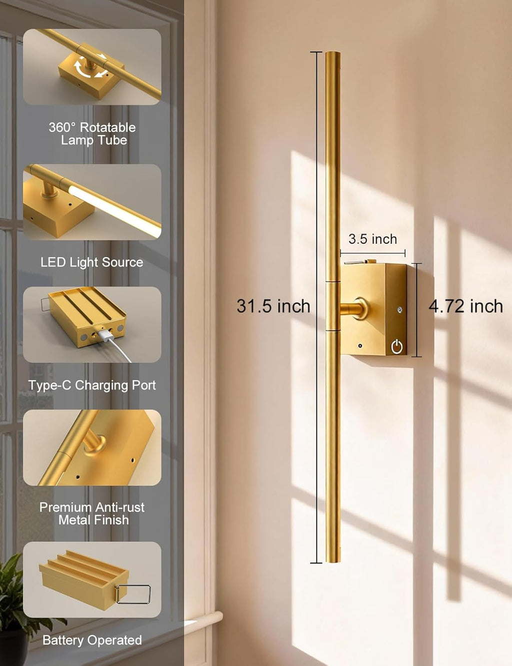 Skiennix Battery Operated Wall Sconces - 10000mAh Rechargeable LED Lights with Remote | 360° Rotation, 3000K-6000K for Bedroom & Living Room Decor