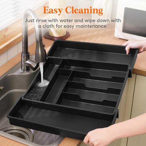 Lifewit Utensil Organizer for Kitchen Drawer, Expandable Cooking Silverware Tray, Adjustable Cutlery Flatware Holder, Plastic Spatula Tools Storage Divider, 13-22.3 x 16.7", Black