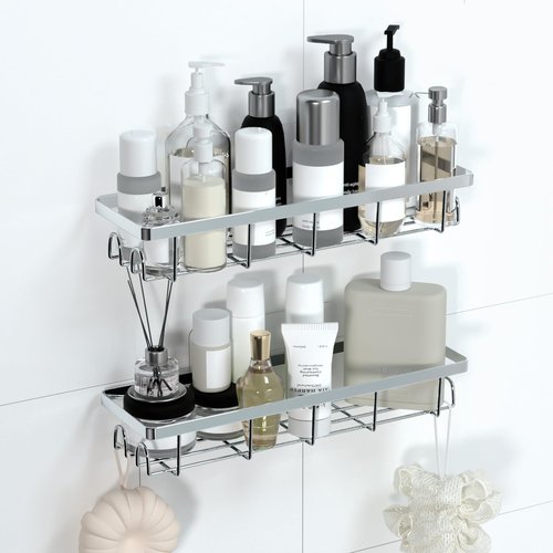 Uninol Shower Caddy Organizer with Hooks,Self Adhesive Bathroom Shelves,No Drilling Bathroom Organizers and Storage,Perfect for RV, Apartment, Home Decor,2 Pack Silvery