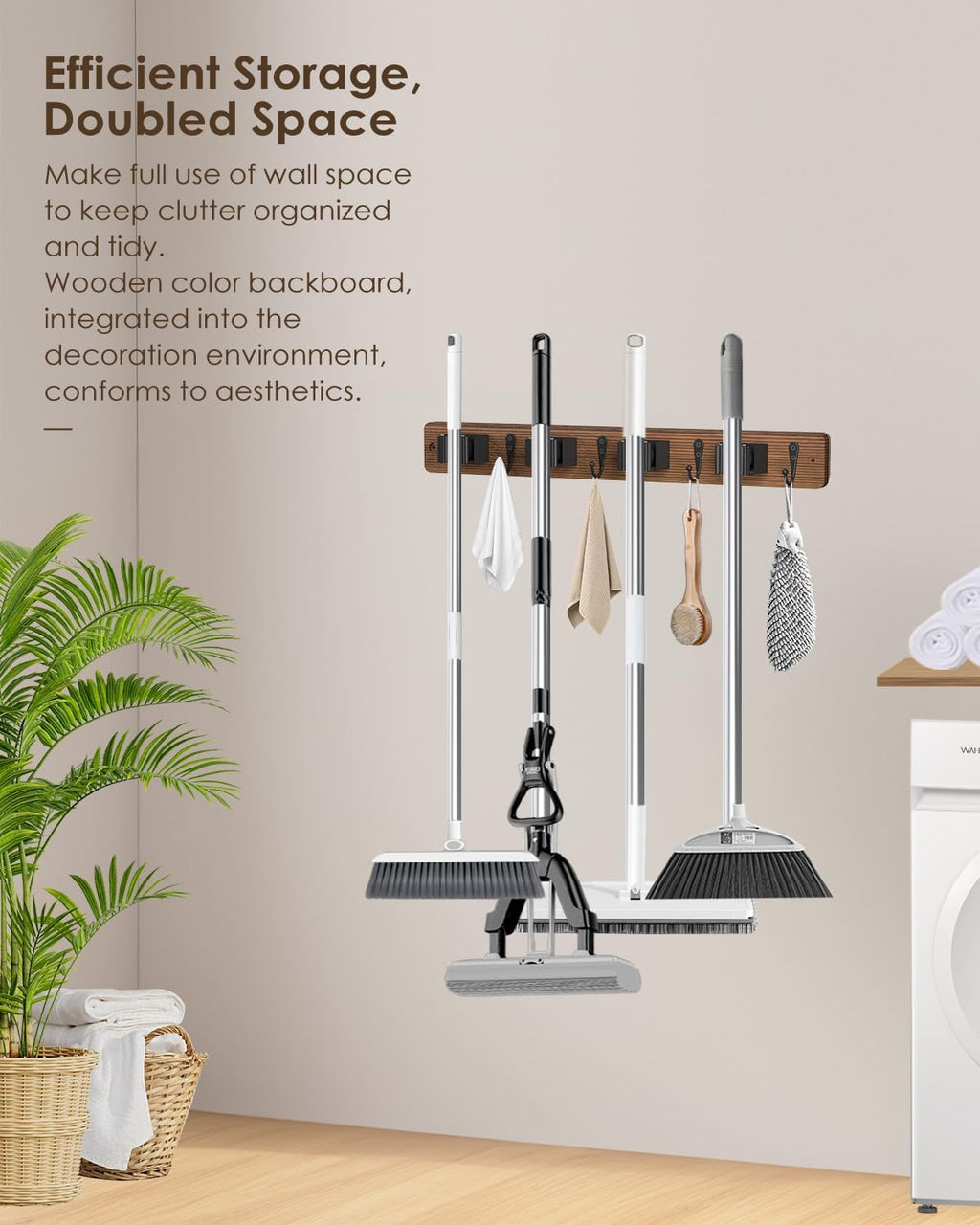 Skiennix Broom Holder - Wall Mounted Mop Organizer with 4 Holders & Hooks | Natural Pine Wood