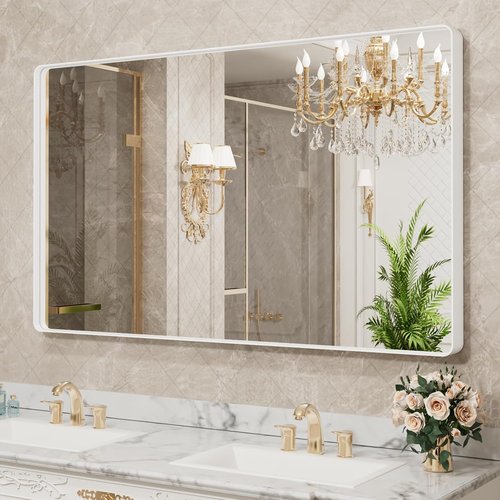 LOAAO Bathroom Mirror - 60x28 Inch White Metal Framed Rounded Rectangle | Anti-Rust Tempered Glass, Versatile Hanging Options