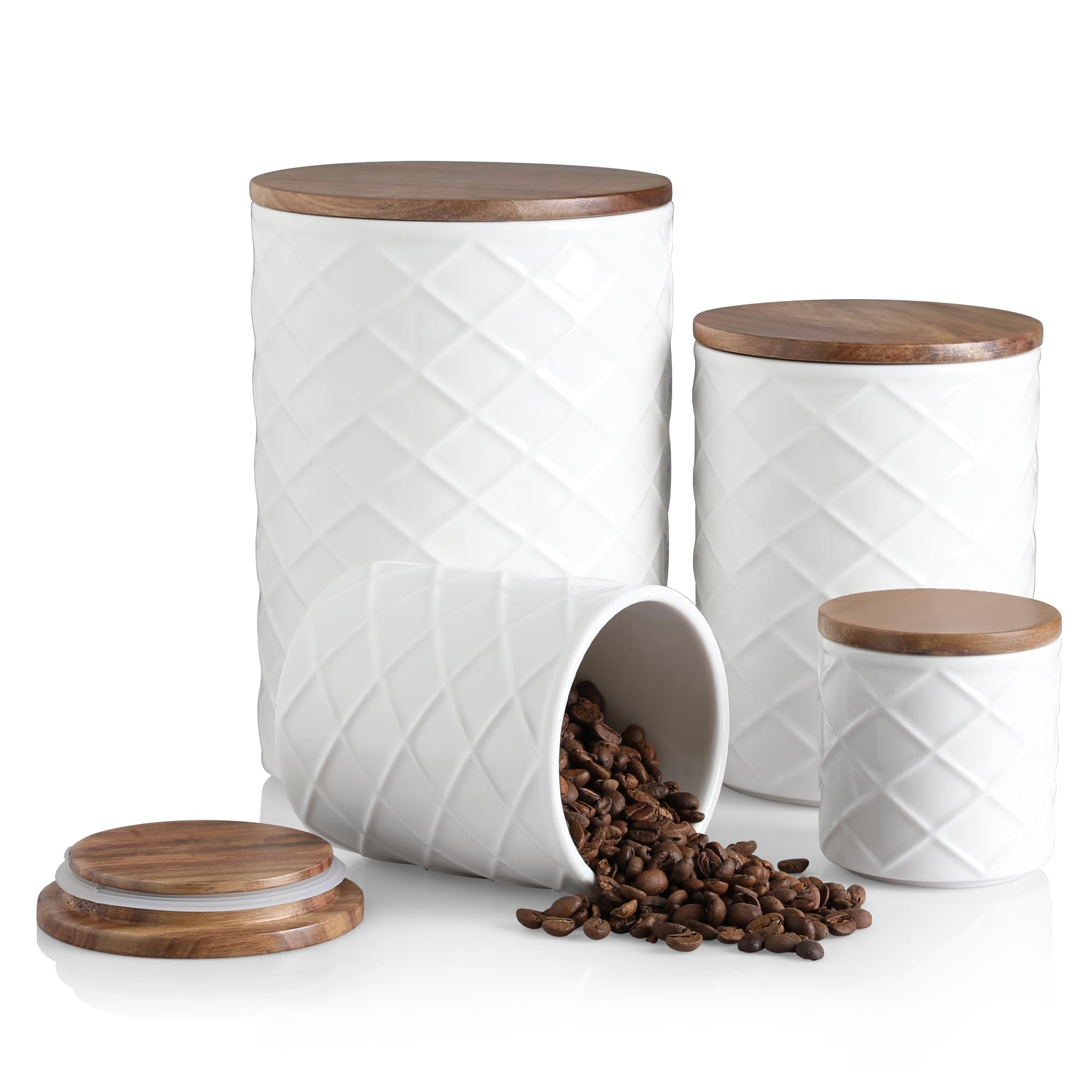 Sweejar Ceramic Canisters Sets for Kitchen Countertop, Relief Food Storage Jar with Bamboo Lid, Stackable Container for Flour, Coffee, Pasta, Cereal, Tea, Sugar, Spices, Pack of 4 (Walnut White)