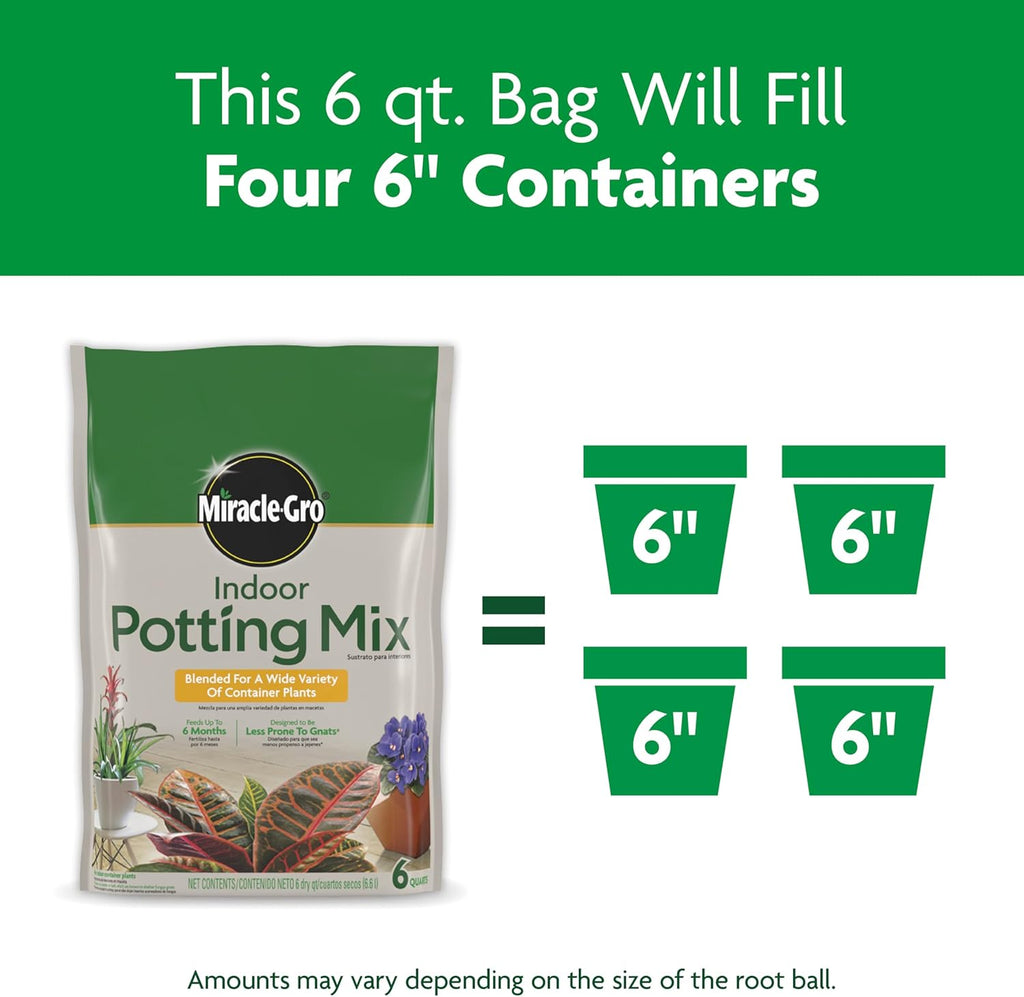 Miracle-Gro Indoor Potting Mix - Perfect Blend for Houseplants | Feeds for 6 Months, 6 qt., 2-Pack
